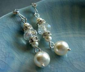 Danice Elegant Long Swarovski Crystal and Pearl Bridal Earrings