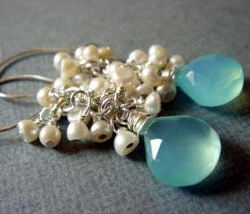 Sea Foam Chalcedony Freshwater Pearl Cluster Sterling Silver Earrings