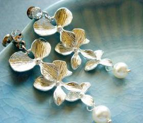Penelope Silver Orchid Flower Pearl Bridal Earrings