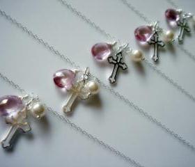 Set of 5 Pink Topaz Sterling Silver Cross Bridesmaid Necklace