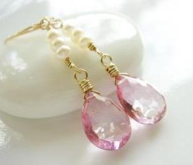 Ellena Alluring Pink Topaz Freshwater Pearl 14k Gold Filled Earrings