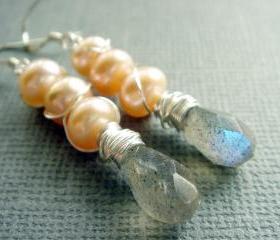Flashy Natural Labradorite and Freshwater Pearl Sterling Silver Earrings
