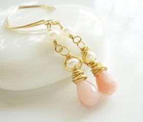 Dainty Peach Moonstone and Freshwater 14k Gold Filled Earrings