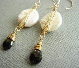 Eliza Elegant Black Spinel and Freshwater Pearl 14k Gold Filled Earrings