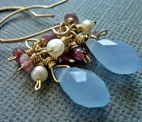 Precious Pink Tourmaline Freshwater Pearl Blue Crystal 14k Gold Filled Earrings