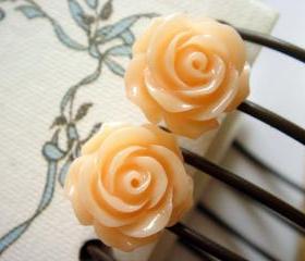 Pale Peach Full Bloom Rose Stud Earrings