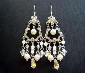 Alexisez Vintage Style Chandelier Pearl and Crystal Bridal 925 Earrings