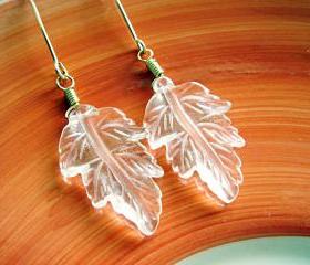 Unique Hand Etched Clear Quartz Leaves 14k Gold Filled Earrings