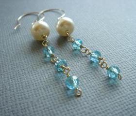 Bridesmaid Blue Crystal and Pearl 14k Gold Filled Earrings