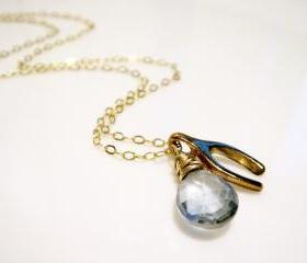 Gold Dipped Wishbone and Blue Quartz 14k Gold Filled Necklace
