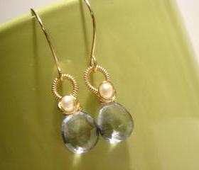 Lux Blue Quartz and Freshwater Pearl 14k Gold Filled Earrings