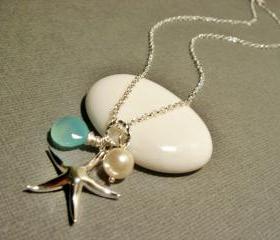 Beach Theme Wedding Chalcedony and Starfish Sterling Silver Necklace