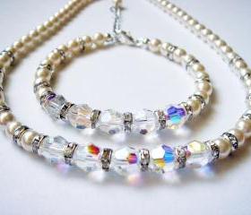 Lydia Sparkly Matching Crystal and Pearl Necklace and Bracelet Bridal Set
