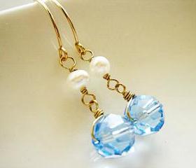 Something Blue Aquamarine Swarovski Crystal and Pearl 14k Gold Filled Earrings