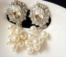 Bridal Pearl Cluster Large Statement Clip On Earrings