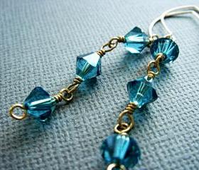 Striking Teal Swarovski Crystal Waterfall 14k Gold Filled Earrings