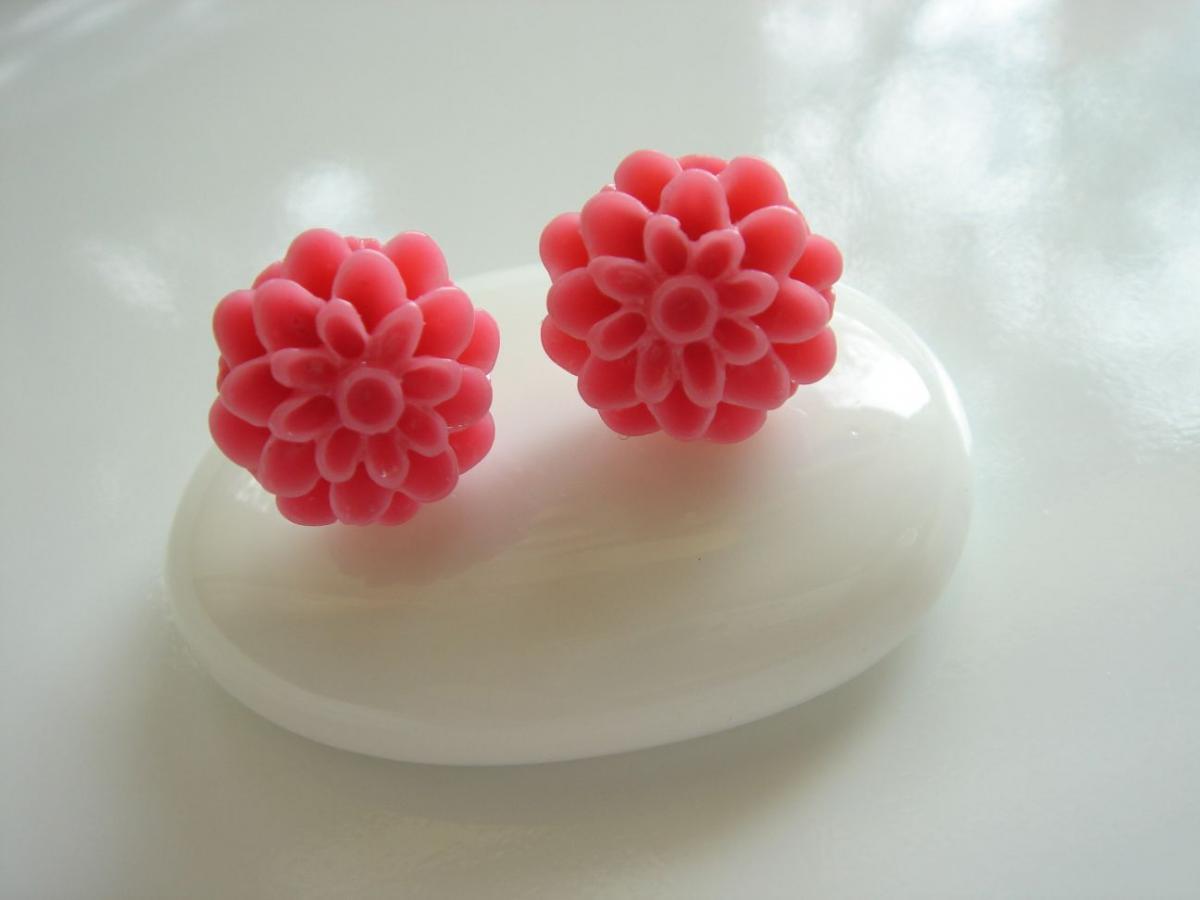 Hot Pink Resin Dahlia Flower Stud