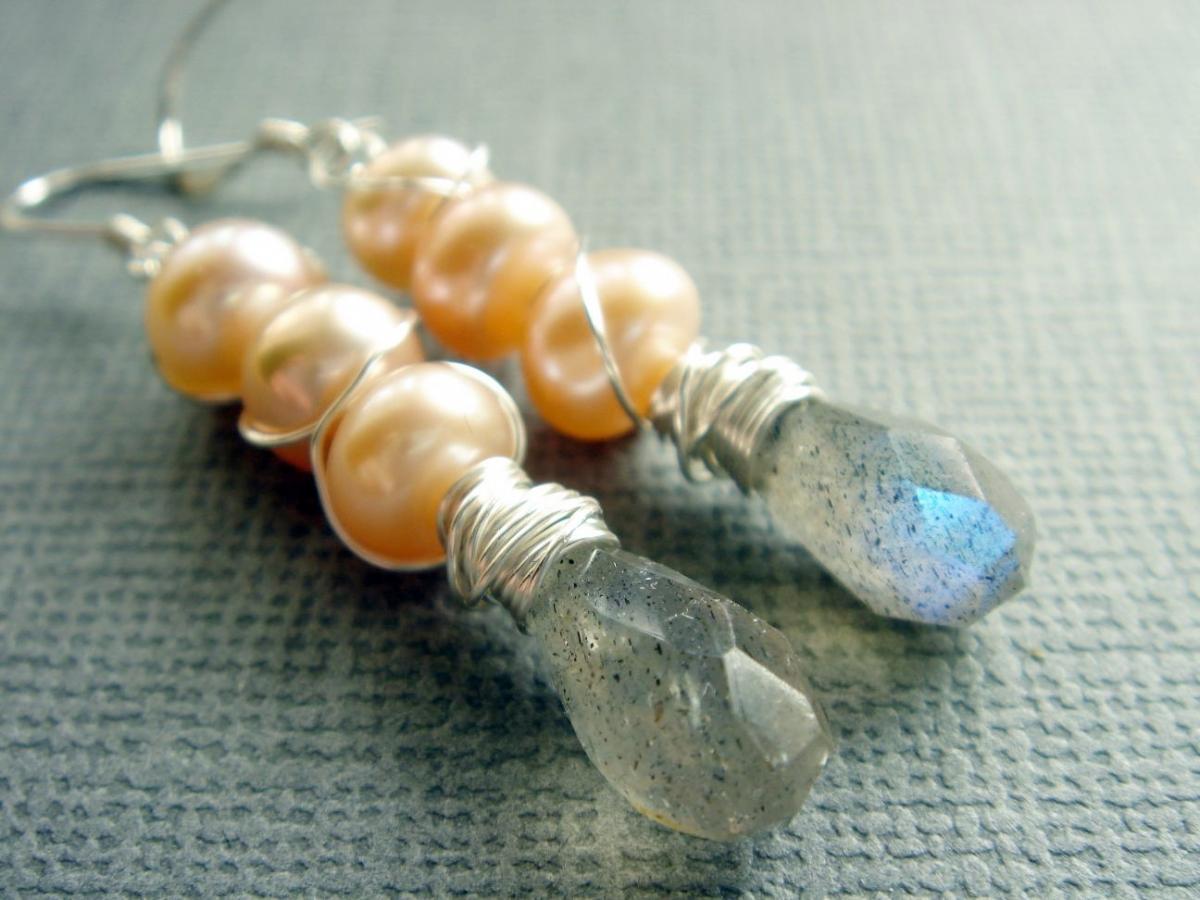 Flashy Natural Labradorite and Freshwater Pearl Sterling Silver Earrings
