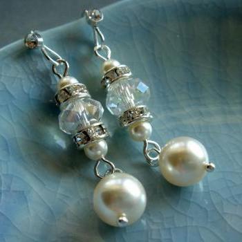 Danice Elegant Long Swarovski Crystal and Pearl Bridal Earrings
