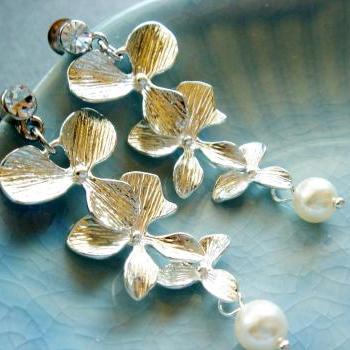 Penelope Silver Orchid Flower Pearl Bridal Earrings