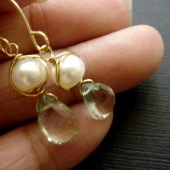 Romantic Prasiolite Freshwater Pearl 14k Gold Filled Earrings