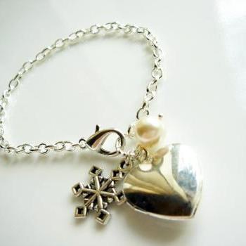 Snowflake Swarovski Pearl and Heart Locket Bracelet