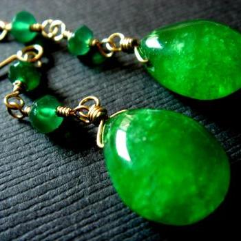 Emerald Green Onyx Drop 14k Gold Filled Earrings