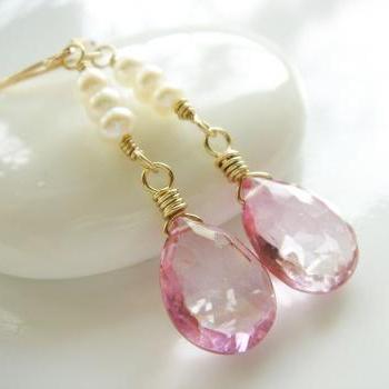 Ellena Alluring Pink Topaz Freshwater Pearl 14k Gold Filled Earrings