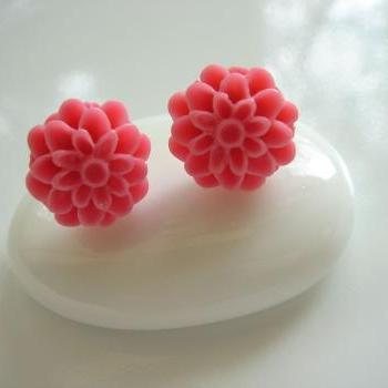 Hot Pink Resin Dahlia Flower Stud